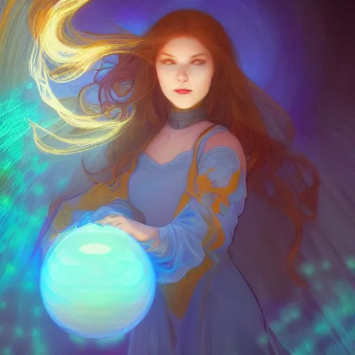 Prompt: portrait of a female mage with ball of orbs floating by her side, blueish aura by her side, dynamic pose, chromatic aberration, medium level shot, grim fantasy, illustration, mucha style, concept art,