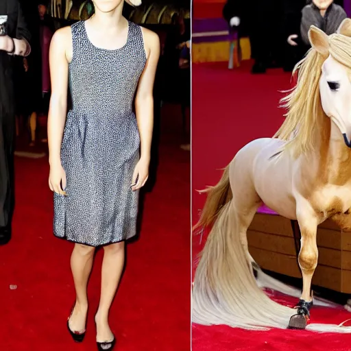 Image similar to emma watson transforming into a blonde horse in the middle of a living room, anthropomorphic mare