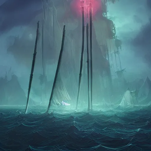 Prompt: sailing into the unexplored mist, cinematic fantasy illustration, magical, bioluminescence, detailed