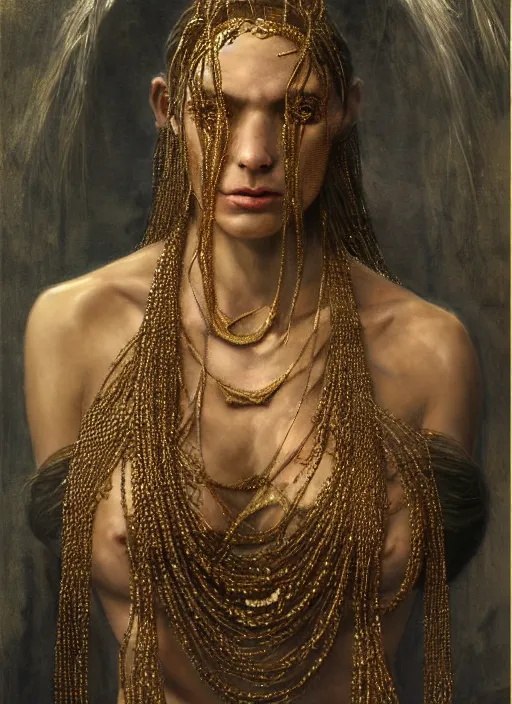 Image similar to mutant weaver with hundreds of gemencrusted golden necklaces, physically accurate, moody dynamic lighting, very very intricate, very very elegant, highly detailed, digital painting, artstation, HR GIGER, Hieronymus Bosch, Francis Bacon, concept art, smooth, very beautiful, sharp focus, illustration, art by artgerm and greg rutkowski and alphonse mucha