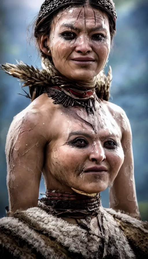 Image similar to sweated smiling beautiful ancient princess tribeswoman in fighting rage, partially destroyed armor inspired monster hunter, low shot camera, muscular, symmetrical face, clean face, subtle make up, debris and arrows flies around her, frozen time effect,dramatic lighting, cinematic, establishing shot, extremely high detail, photorealistic, 300 the movie,monster hunter the movie, dune the movie, cinematic lighting, artstation, octane render, western,old photo, vintage