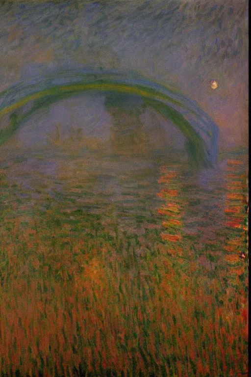 Image similar to Batman impresionism painting by Claude Monet, night