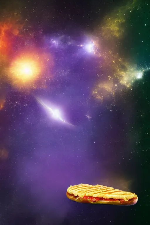 Prompt: a cheeseburger flying apart in space. nebula background. highly detailed. airbrush, beautiful lighting, chiaroscuro