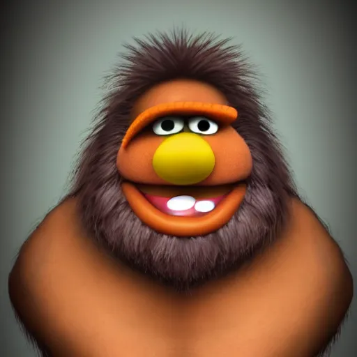 Image similar to a still of a forgotten muppet character looking very manly and modern, hilarious, laughing, hairy chest, huge chin, manly monster tough guy, roughled fur, photo real, photographic, photograph, artstation, trending, featured