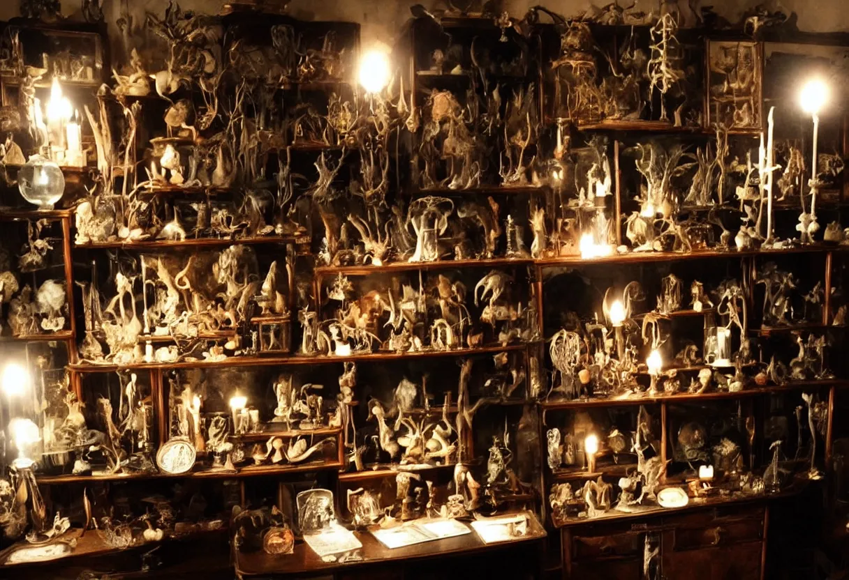 Image similar to wunderkammer, cabinet of curiosities, small dark room, large specimens, taxidermy, candles, desk, dramatic lighting, gloomy, moody, creepy