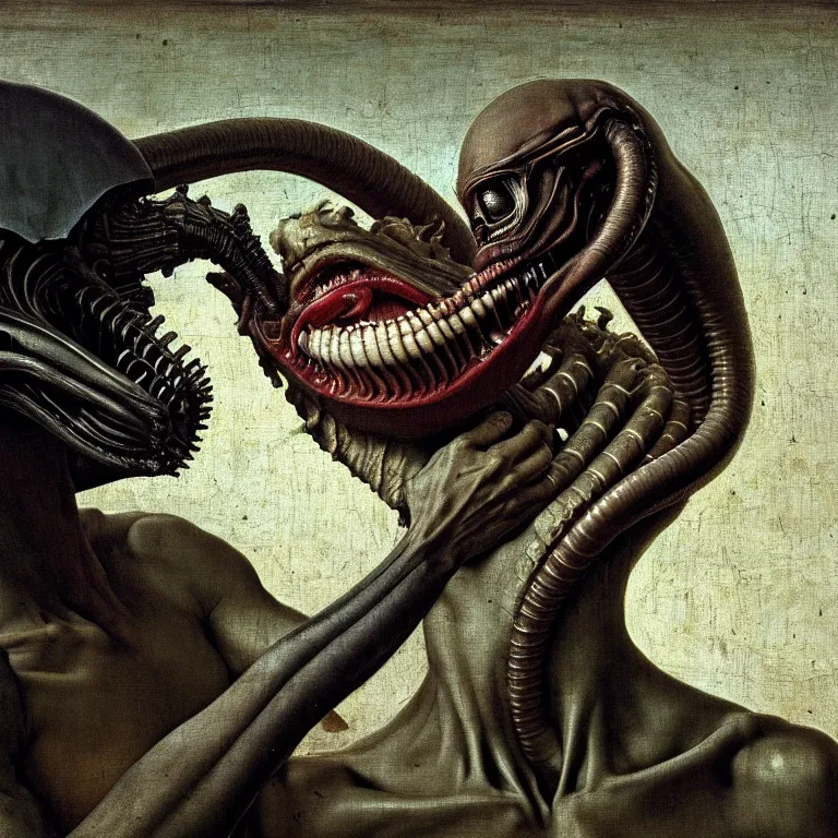 Image similar to portrait of a beautiful man kissing xenomorph by hieronymus bosch, soft bloom lucid dream - like ethereal dark atmosphere, baroque portrait painting, perfect composition, intricate detailed octane render trending on artstation, 8 k artistic photography, volumetric cinematic perfect light, chiaroscuro, masterpiece, raphael, caravaggio, rutkowski, beeple, beksinski