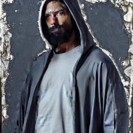Image similar to a full body portrait of modern day jesus wearing yeezus streetwear hoodie and pants by nicola samori, oil painting, realistic, 8 k, adidas style