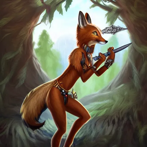 Prompt: award-winning extremely detailed FurAffinity fantasy art of a wild naturally beautiful shapely female anthro warrior fox with black paws and dazzling eyes and a long tail and long braided hair, wielding a dagger, 4k, realistic shading, trending on FurAffinity