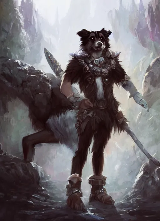 Prompt: wide angle beautiful full body portrait of a cute male anthropomorphic anthro border collie fursona wearing a barbarian outfit in downtown seattle, character design by charlie bowater, henry asencio, and ross tran, disney, scenic background, detailed, glamor pose, aesthetic, trending on artstation, furaffinity, deviantart