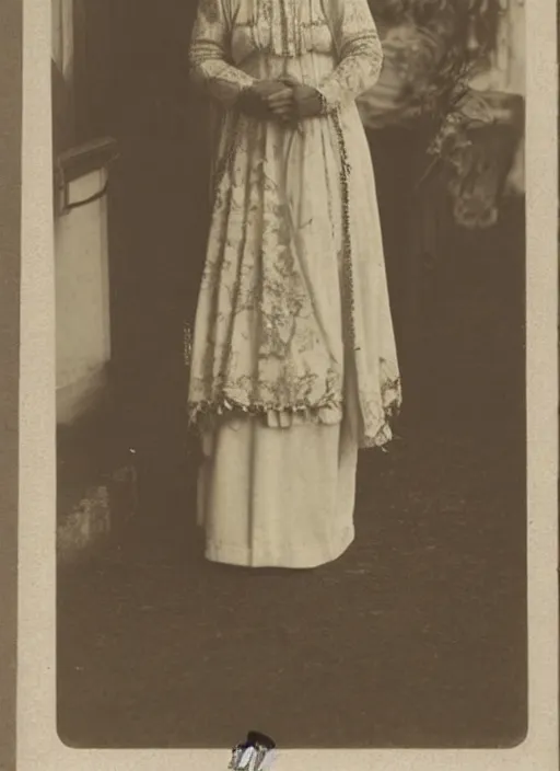 Image similar to vintage photo of a beautiful Romanian woman in traditional clothing standing near a pilar, 1911