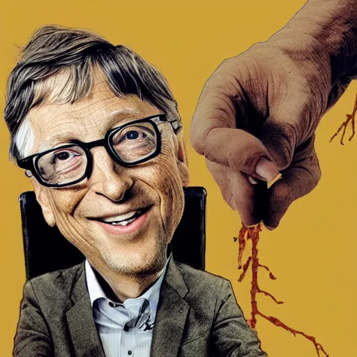 Image similar to bill gates holding a vaccine in his hand, Body horror, by Ralph Steadman