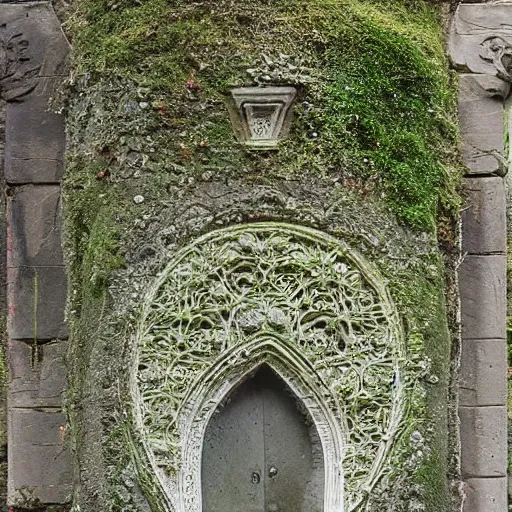 Image similar to an intricate, delicate tracery of stone, forming a beautiful ancient monument, slowly being covered by moss and lichen