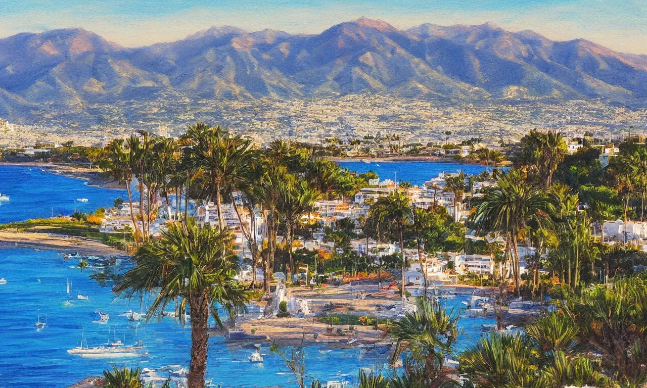 Prompt: marbella landscape, sun coast, small city, beach, mountain in the background, 8 k, very detailed, intricate, trending on artstation, deviantart, google images, pinterest