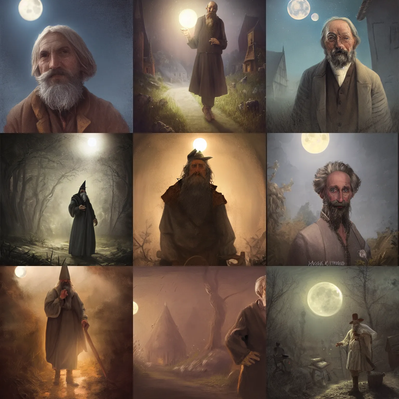 Prompt: portait of a 1 9 th century hungarian wizard in a hungarian village. atmoshperical, full moon,, magical, natural lighting, dust, soft focus, fantasy concept art by munkacsi, csok istvan, barabas miklos and hollosy simon, trendgin in artstation