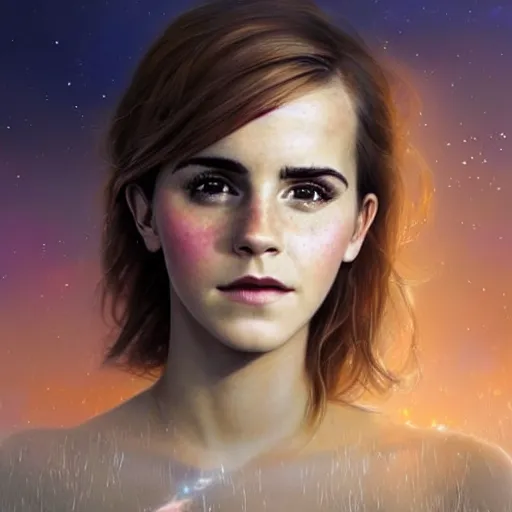 Prompt: a beautiful portrait of Emma Watson (cloud goddess) with numerous tiny birds flying in the background and closed eyes, galaxy theme colors, colorful, galaxy theme colors, galaxy theme colors, galaxy theme colors, galaxy theme colors, galaxy theme colors, ultra realistic digital art by Greg Rutkowski and Raymond Swanland, Trending on Artstation, ultra realistic digital art
