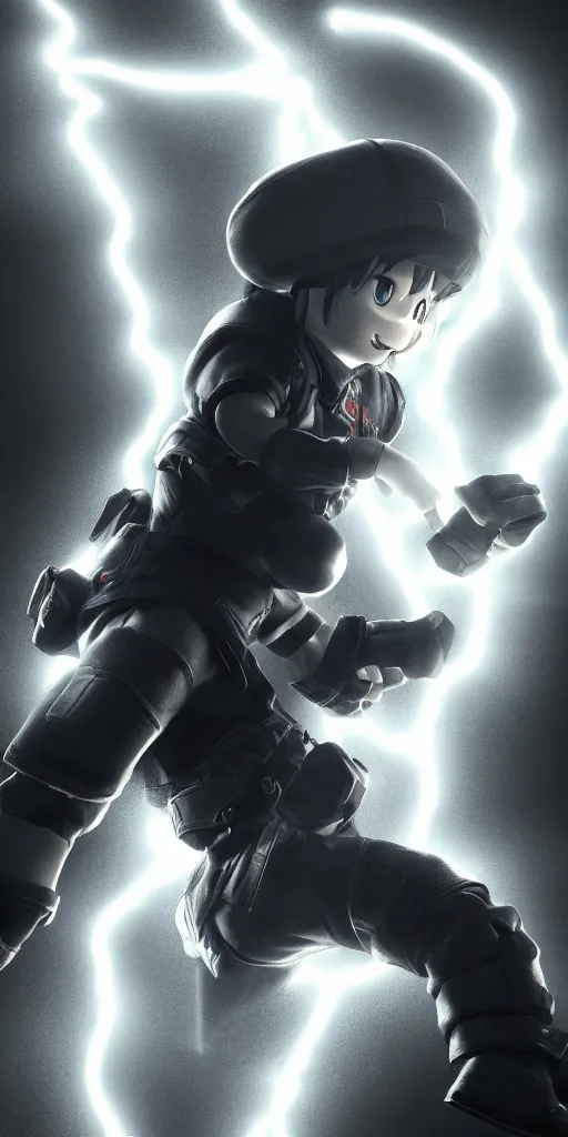 Image similar to a photorealistic render of the a nintendo character, triple a game, character design, hyper realistic, plain black background, 8 k, volumetric lightning, octane render