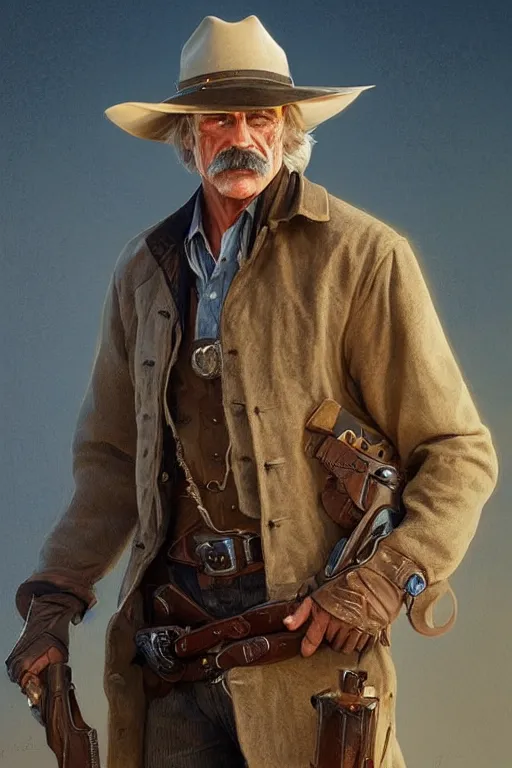 Image similar to portrait of sam elliott, western, gunslinger, duster, fantasy, intricate, elegant, highly detailed, digital painting, artstation, concept art, sharp focus, illustration, art by artgerm and greg rutkowski and alphonse mucha