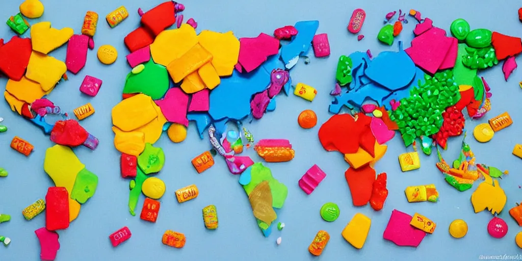 Image similar to a world map made out of candy pieces