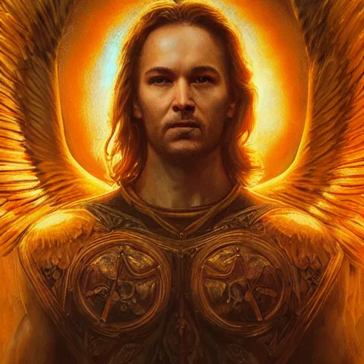 Image similar to majestic gracious archangel michael portrait, atmospheric lighting, painted, menacing, intricate, volumetric lighting, beautiful, rich deep colours masterpiece, golden hour, sharp focus, ultra detailed, by leesha hannigan, ross tran, thierry doizon, kai carpenter, ignacio fernandez rios