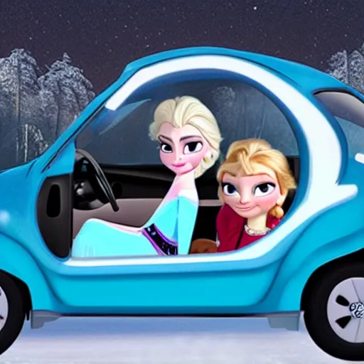 Prompt: elsa is driving a car in frozen