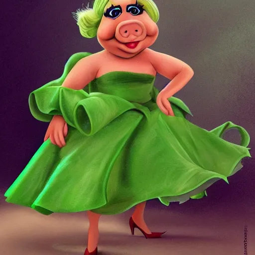 Image similar to miss piggy in the green versace dress, fanart, artstation, detailed, digital art