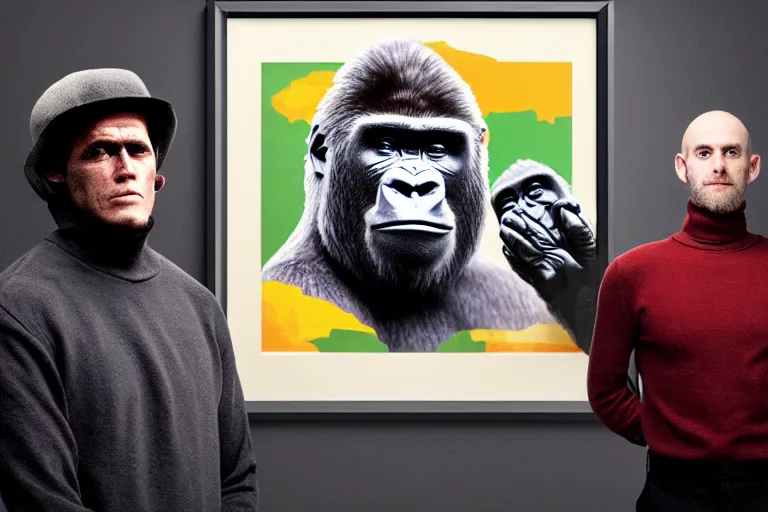 Image similar to Gorilla standing beside a framed illustration of a vividly colored portrait of a man wearing a turtleneck and an admiral’s hat, hyperrealistic, concept art, 8k, artstation, cinematic, volumetric lighting