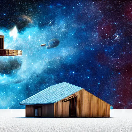 Prompt: a house floating on space galaxy