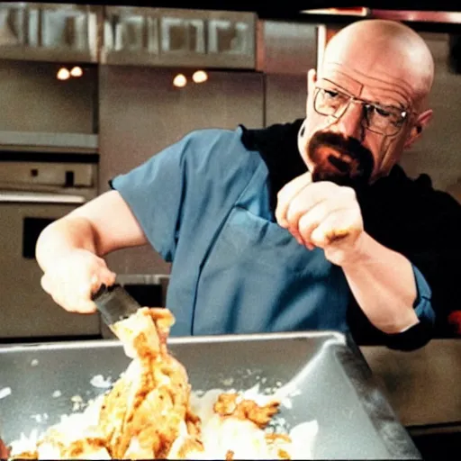 Prompt: Walter White cooking chicken with Gust Fring