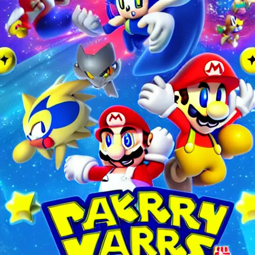 Image similar to super mario, kirby, sonic the hedgehog, super smash bros, star wars themed movie poster high detail accurate eyes and good gesture poses, pokemon anime cartoon style