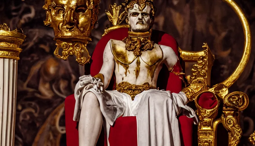 Prompt: movie still close - up of caligula dead - slaughtered on a gold throne in a classical room with columns, leica sl 2 5 0 mm, high quality, heavy grain, high detail, dramatic light, cinematic composition, flares, anamorphic, blood, bleeding, by francis ford coppola