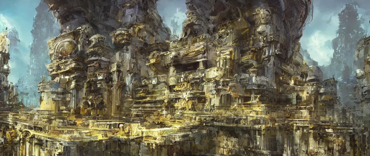 Prompt: A beautiful temple in honor of ancient Feline warriors by John Berkey | sparth:.2 | Time white:.2 | Graphic Novel, Visual Novel, Colored Pencil, Comic Book:.3 | unreal engine:.5 | establishing shot
