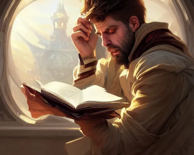 Prompt: gerard pique reading a book, deep focus, d & d, fantasy, intricate, elegant, highly detailed, digital painting, artstation, concept art, matte, sharp focus, illustration, hearthstone, art by artgerm and greg rutkowski and alphonse mucha