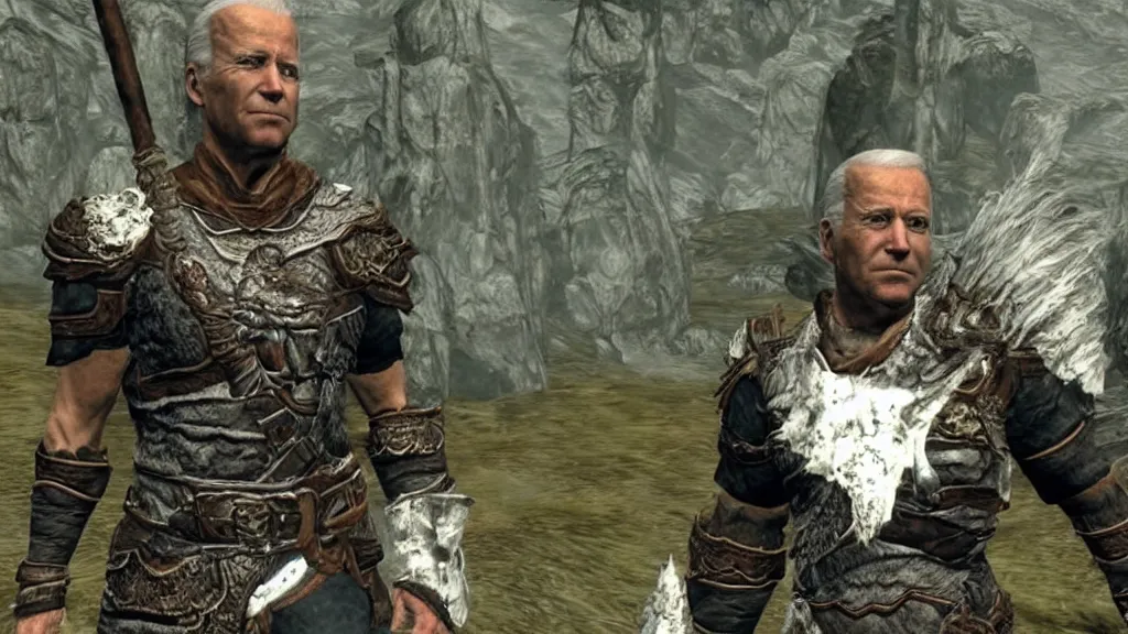 Image similar to screenshot of Joe Biden as a Skyrim NPC