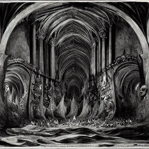 Image similar to an underwater gothic cathedral at the bottom of the ocean surrounded by mermaids, by gustave dore, francisco goya, william blake, dark and scary abyssal ambient, utradetailed, matte painting, smooth zenithal lighting, epic masterpiece,