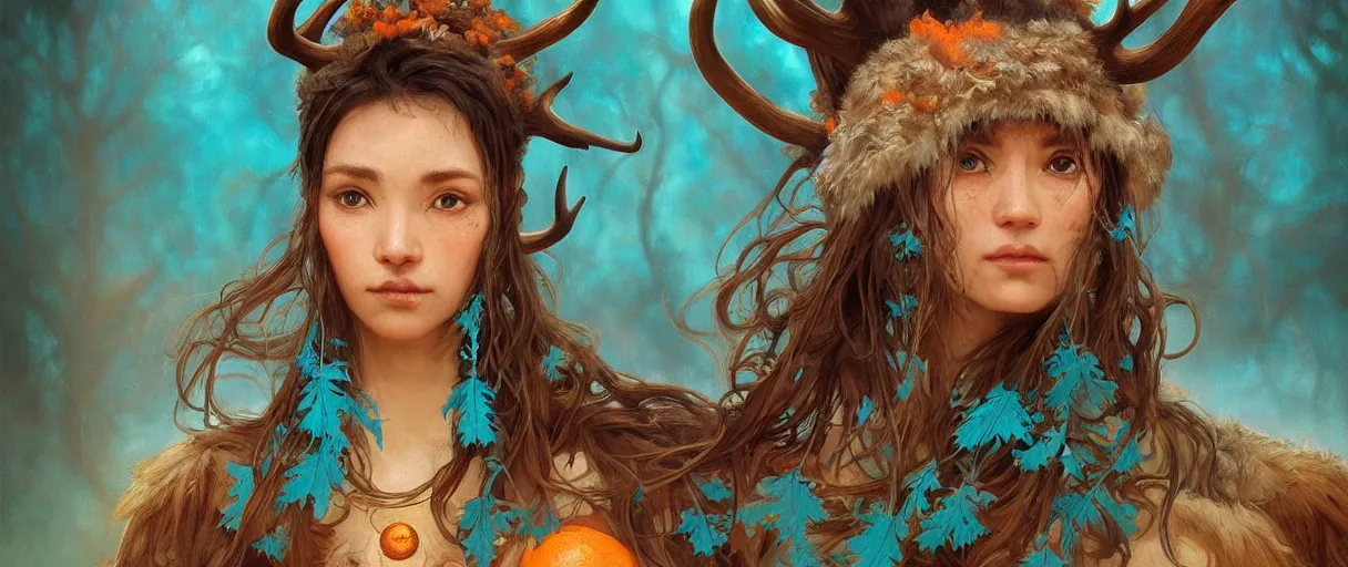 Image similar to beautiful digital painting of shaman with teal skin and antlers made of wood on his head, brown curly hair with orange oak leaves, D&D, fantasy, intricate, beautiful eyes, cinematic lighting, highly detailed, digital painting, Artstation, concept art, smooth, sharp focus, illustration, art by Artgerm and Greg Rutkowski, Alphonse Mucha and Rossdraws