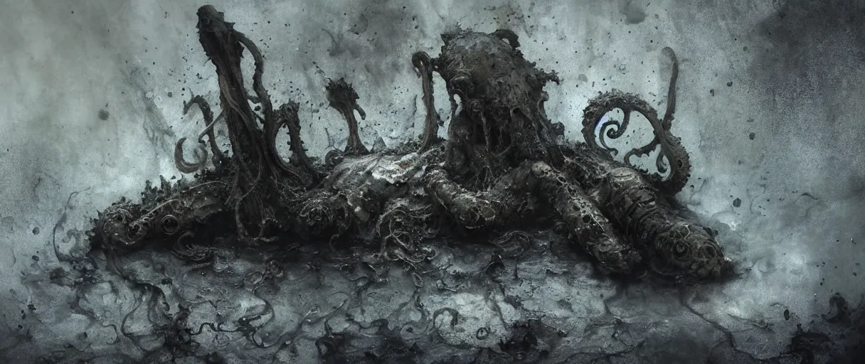 Image similar to wet collodion photography of early xx century cthulhu sleeping in r'lyeh sunken city by emil melmoth zdzislaw beksinki craig mullins yoji shinkawa realistic render ominous detailed photo atmospheric by jeremy mann francis bacon and agnes cecile ink drips paint smears digital glitches glitchart