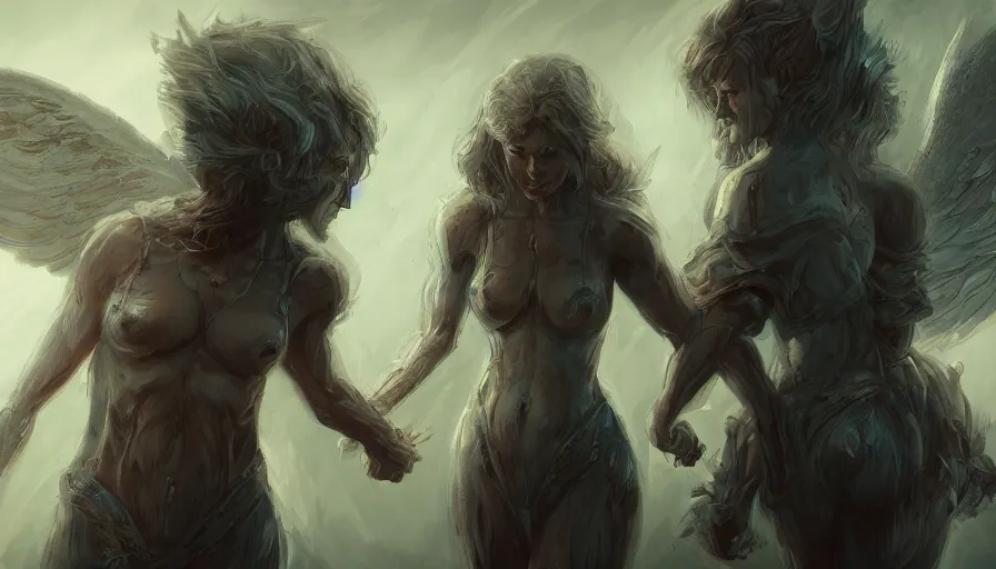 Prompt: An angel and a demon hold hands while walking on a path to a bright light, hyperdetailed, artstation, cgsociety, 8k