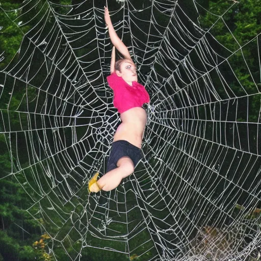 Image similar to emma watson suspended from and stuck in a giant spider web