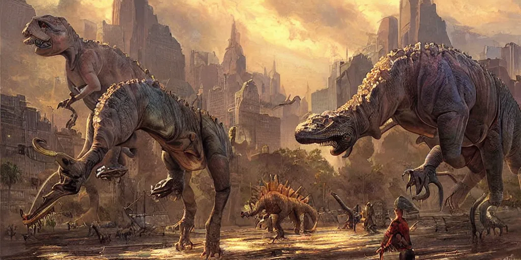 Image similar to A city of dinosaurs epic painting by James Gurney