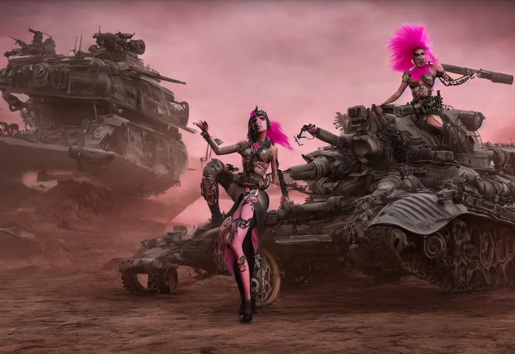 Image similar to beautiful apocalyptic woman with pink Mohawk, posing on mad max panzer tank, 4k ultra hd, fantasy dark art, artstation, octane render