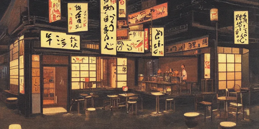 Image similar to A Japanese cafe in the style of the Nighthawk painting, highly detailed, mysterious atmosphere