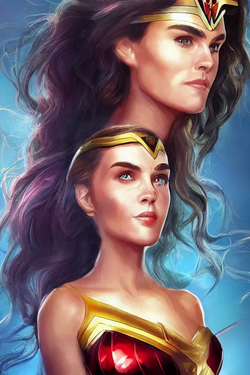 Image similar to portrait of a mix of beautiful young maria shriver, mariel hemmingway, brooke shields and elle macpherson as wonderwoman, thin lips, hair tied up in a pony tail, colorful artstation, cgsociety