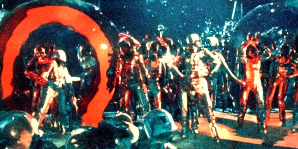 Image similar to color film still, android soldiers at the disco ; moon ( 1 9 7 7 )