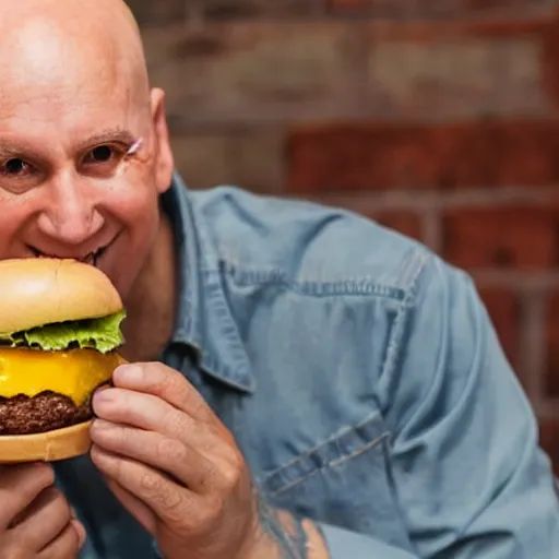 Image similar to a bald old man with no beard, eating a cheeseburger with extra cheese no lettuce and topped with cream