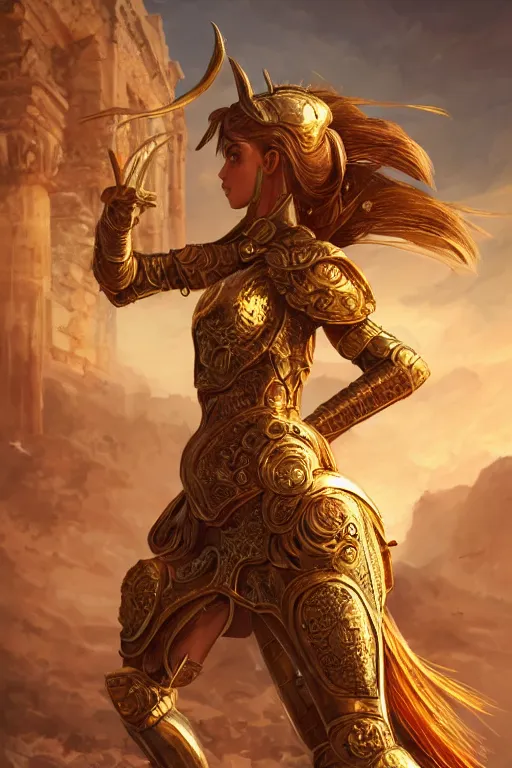 Prompt: portrait knights of zodiac girl, golden and copper shining armor, karate pose in ruined agora of athens sunrise, ssci - fi and fantasy, intricate and very very beautiful and elegant, highly detailed, digital painting, artstation, concept art, smooth and sharp focus, illustration, art by tian zi and wlop and z - - ed