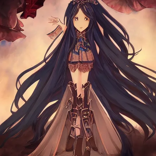 Prompt: “A detailed gorgeous beautiful anime woman with brown flowing hair, sorcerer , long blue cape, decorative leather armor, excellent detail, surrounded by a catacomb of books, high quality, Full-body character portrait, in the style of rossdraws, trending on artstation, hyper detailed, official art”