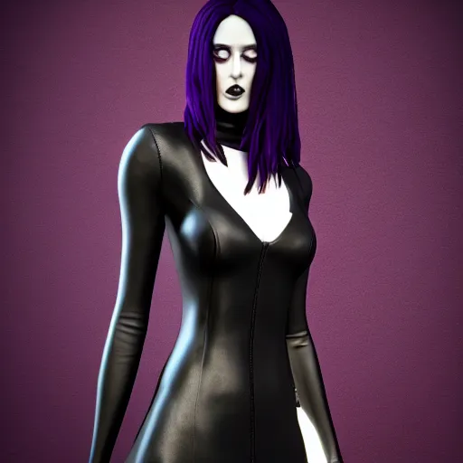 Image similar to portrait of a pale curvy goth woman with elegant multilayered black-purple-grey tight leather high-neck striped dress, photorealistic, sublime, 16k, smooth, sharp focus, cgsociety, trending on ArtStation, volumetric lighting
