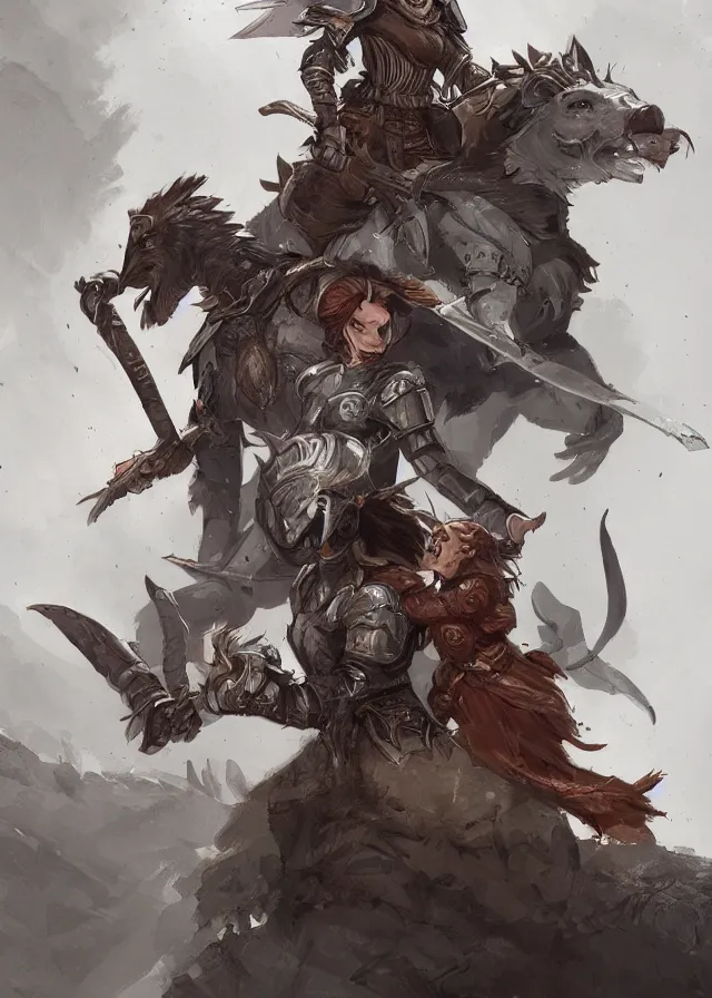 Prompt: a beautiful hyper realistic detailed epic concept art showing a noble knight women with her raccoon guardian above her, by matt rhodes, in the style of dragon age, featured on artstation