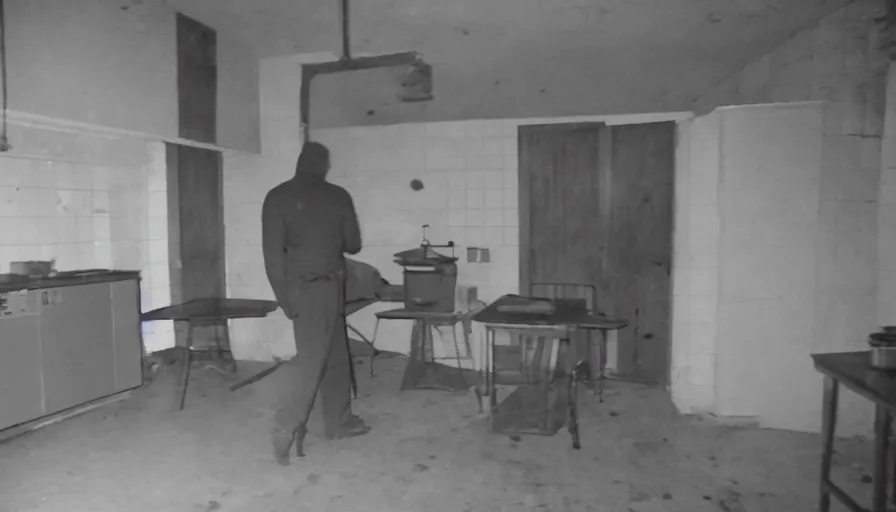 Image similar to a headless man in a stalinist style kitchen, by mini dv camera, very very low quality, heavy grain, very blurry, accidental flash, webcam footage, found footage, security cam, caught on trail cam