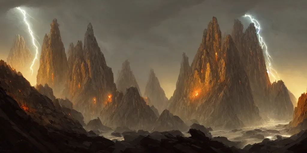 Image similar to Giant dwarven gates in the mountain opening to a gulf, dwarven architecture, mines shining in the mountain range. In style of Hyung-tae Kim, Greg Rutkowski and Larry Elmore, concept art, trending on ArtStation, Korean MMORPG, over-detailed art, 8K, epic, dynamic lightning, scenery.